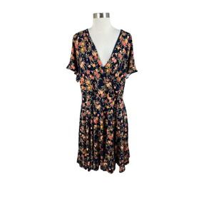 LOFT NEW 22 Black Pink Orange Floral Print Faux Wrap Surplice Knit Dress